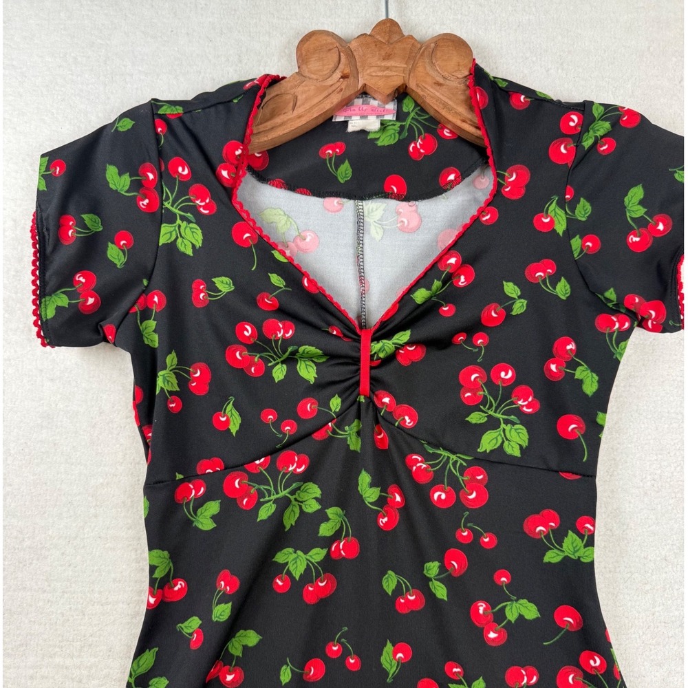 Pin Up Girl Cherry Print Rockabilly Dress Black Cap Sleeve Medium kitschy retro - Picture 4 of 12